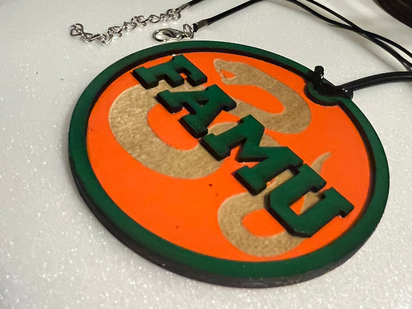 Round FAMU Talisman NECKLACE Original custom FAMU NECKLACES 24" NECKLACE Orange/Green